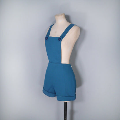 70s 1970s teal blue DUNGAREE shorts / pinafore playsuit / 1970s ROMPER - S