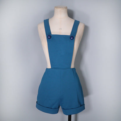 70s 1970s teal blue DUNGAREE shorts / pinafore playsuit / 1970s ROMPER - S