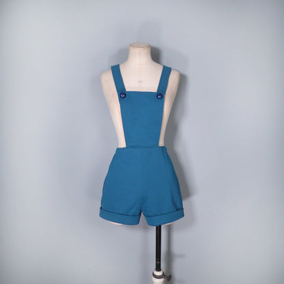 70s 1970s teal blue DUNGAREE shorts / pinafore playsuit / 1970s ROMPER - S