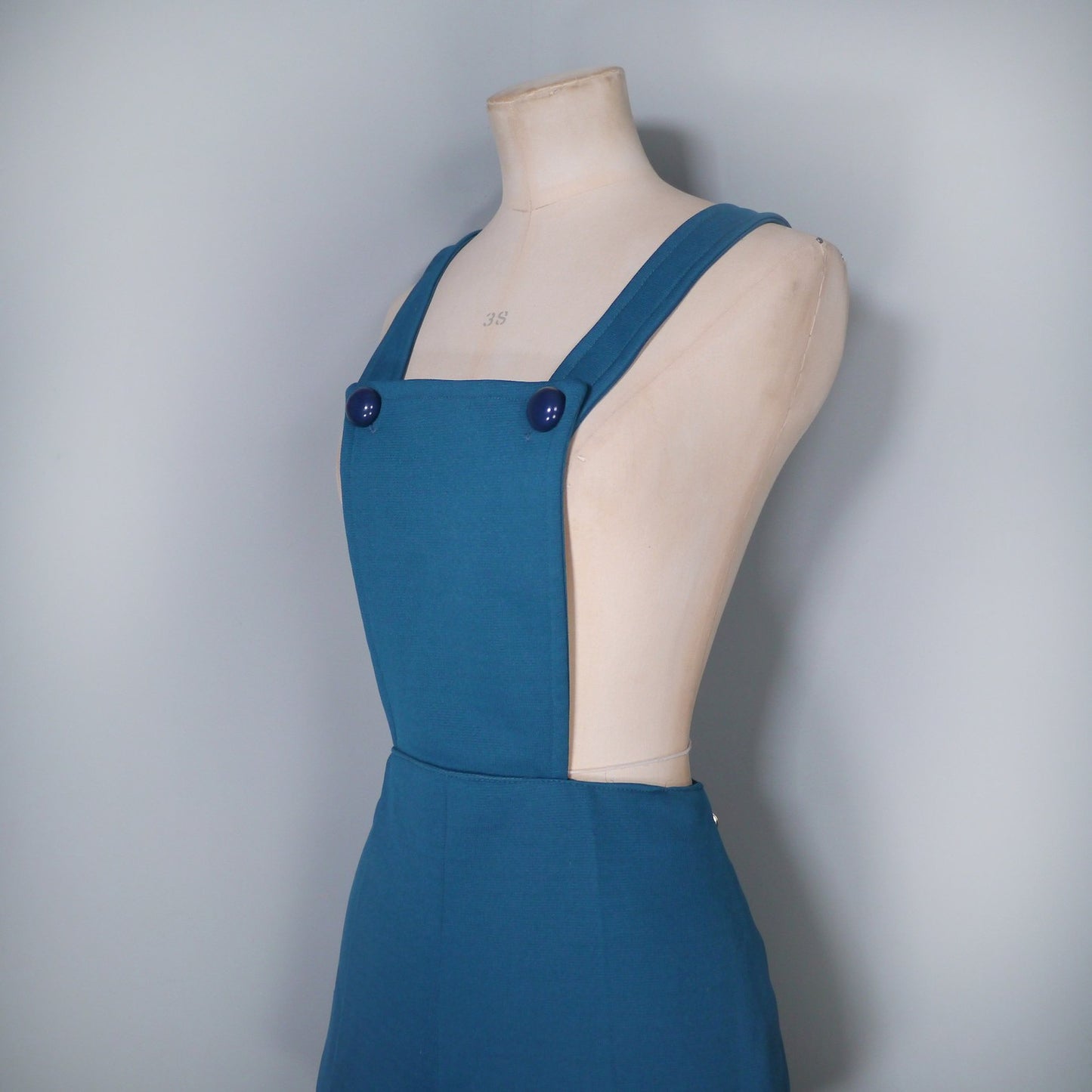 70s 1970s teal blue DUNGAREE shorts / pinafore playsuit / 1970s ROMPER - S