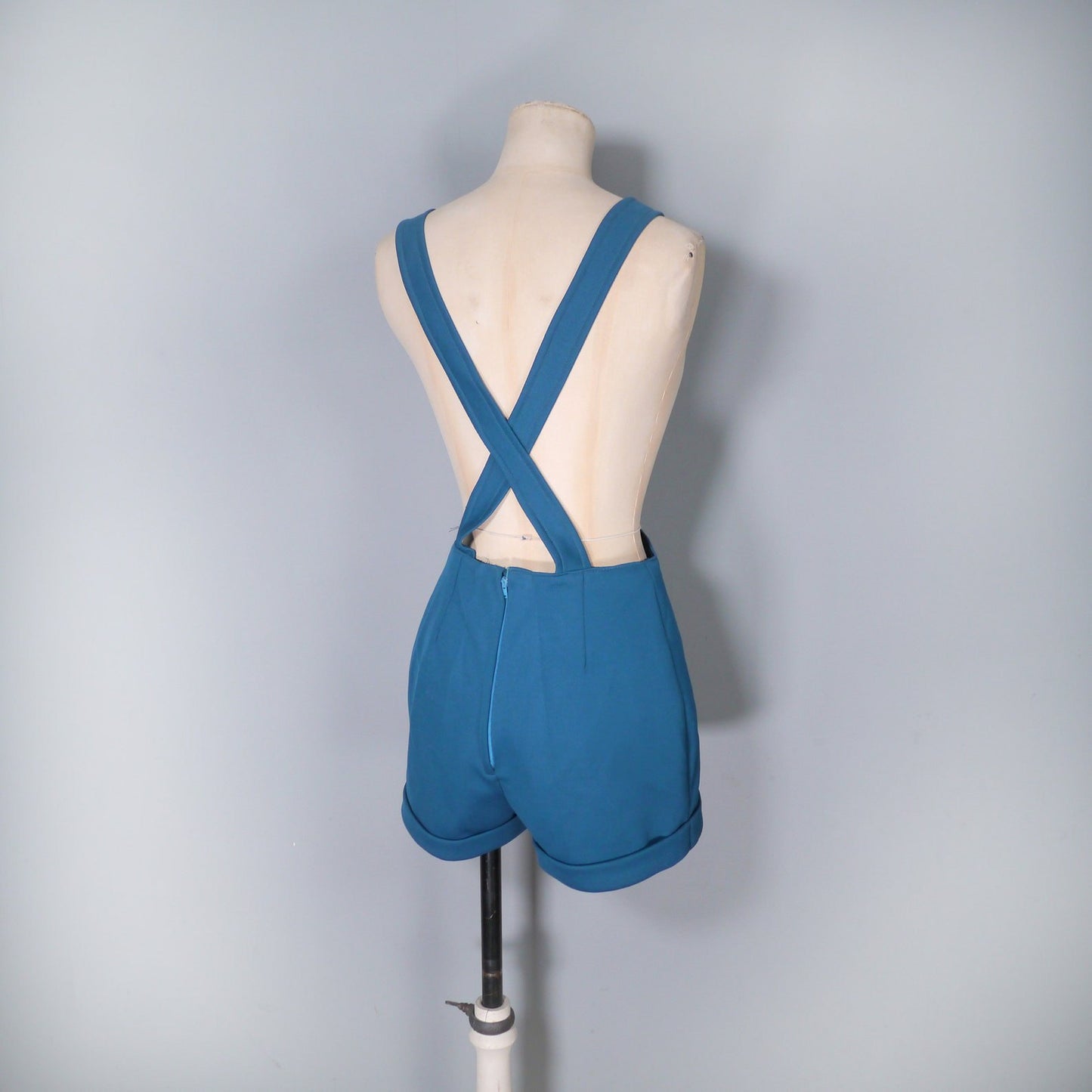 70s 1970s teal blue DUNGAREE shorts / pinafore playsuit / 1970s ROMPER - S