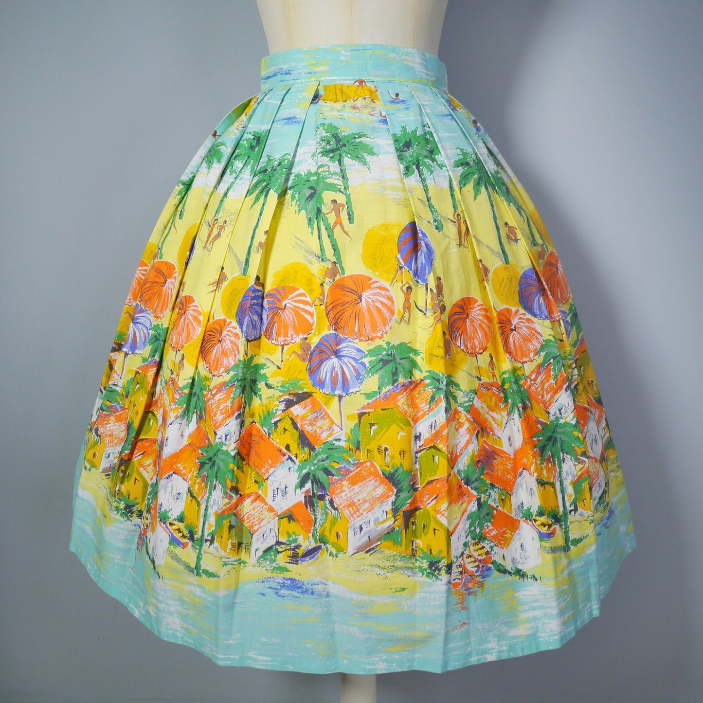 50s NOVELTY cotton full skirt with scenic BEACH scene with village in the foreground - 1950s full swing SUMMER skirt - 24"