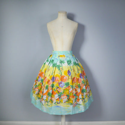 50s NOVELTY cotton full skirt with scenic BEACH scene with village in the foreground - 1950s full swing SUMMER skirt - 24"