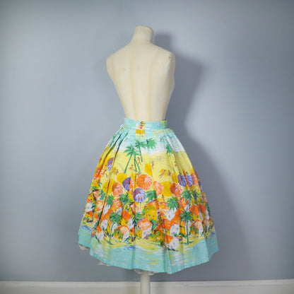 50s NOVELTY cotton full skirt with scenic BEACH scene with village in the foreground - 1950s full swing SUMMER skirt - 24"