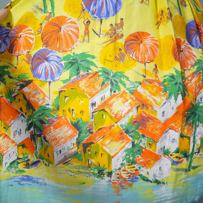 50s NOVELTY cotton full skirt with scenic BEACH scene with village in the foreground - 1950s full swing SUMMER skirt - 24"