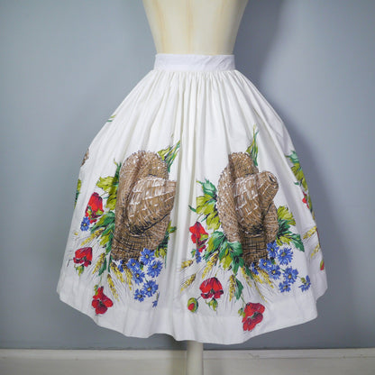 50s NOVELTY white cotton summer skirt in STRAW HAT and harvest floral border print - 1950s full swing skirt - 27"