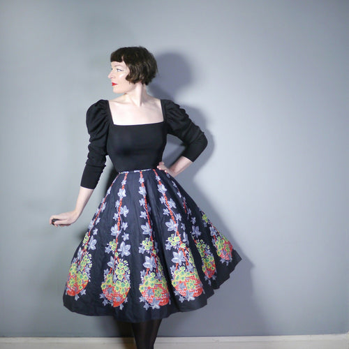 50s black cotton floral NOVELTY border print full skirt with flower BASKETS, chains and ivy - 1950s full swing skirt - 24"