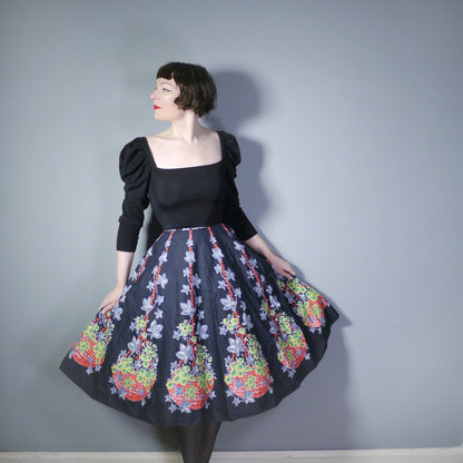 50s black cotton floral NOVELTY border print full skirt with flower BASKETS, chains and ivy - 1950s full swing skirt - 24"